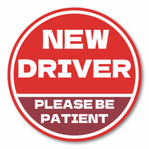 NEW DRIVER ステッカー 120×120mm 丸型｜Please Be Patient｜新米ドライバー/若葉サポート/車後方注意｜耐水・耐候ラミネート・屋外用 - レッド × ボルドー