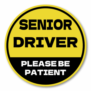 SENIOR DRIVER ステッカー 丸型｜高齢運転者 注意喚起｜PLEASE BE PATIENT｜車用 防水・耐候｜リアガラス/バンパー用 交通安全 - イエロー×ブラック