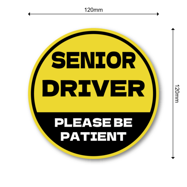 SENIOR DRIVER ステッカー 丸型｜高齢運転者 注意喚起｜PLEASE BE PATIENT｜車用 防水・耐候｜リアガラス/バンパー用 交通安全 - イエロー×ブラック - 画像 (3)