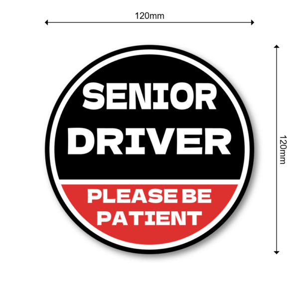 SENIOR DRIVER ステッカー 丸型｜高齢運転者 注意喚起｜PLEASE BE PATIENT｜車用 防水・耐候｜リアガラス/バンパー用 交通安全 - ブラック×レッド - 画像 (3)