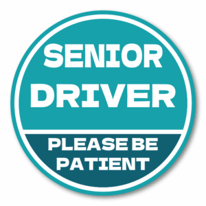 SENIOR DRIVER ステッカー 丸型｜高齢運転者 注意喚起｜PLEASE BE PATIENT｜車用 防水・耐候｜リアガラス/バンパー用 交通安全 - ティール×ネイビー
