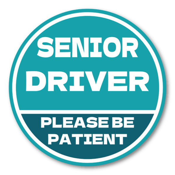 SENIOR DRIVER ステッカー 丸型｜高齢運転者 注意喚起｜PLEASE BE PATIENT｜車用 防水・耐候｜リアガラス/バンパー用 交通安全 - ティール×ネイビー