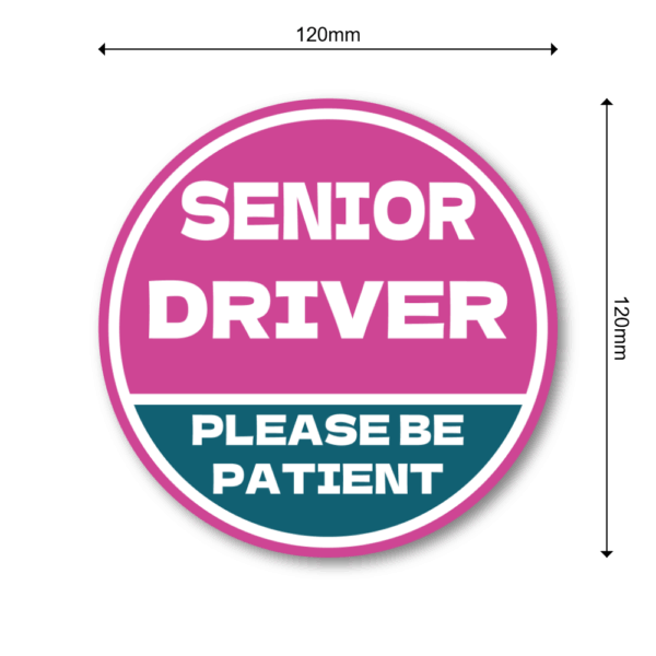 SENIOR DRIVER ステッカー 丸型｜高齢運転者 注意喚起｜PLEASE BE PATIENT｜車用 防水・耐候｜リアガラス/バンパー用 交通安全 - ピンク×ネイビー - 画像 (3)