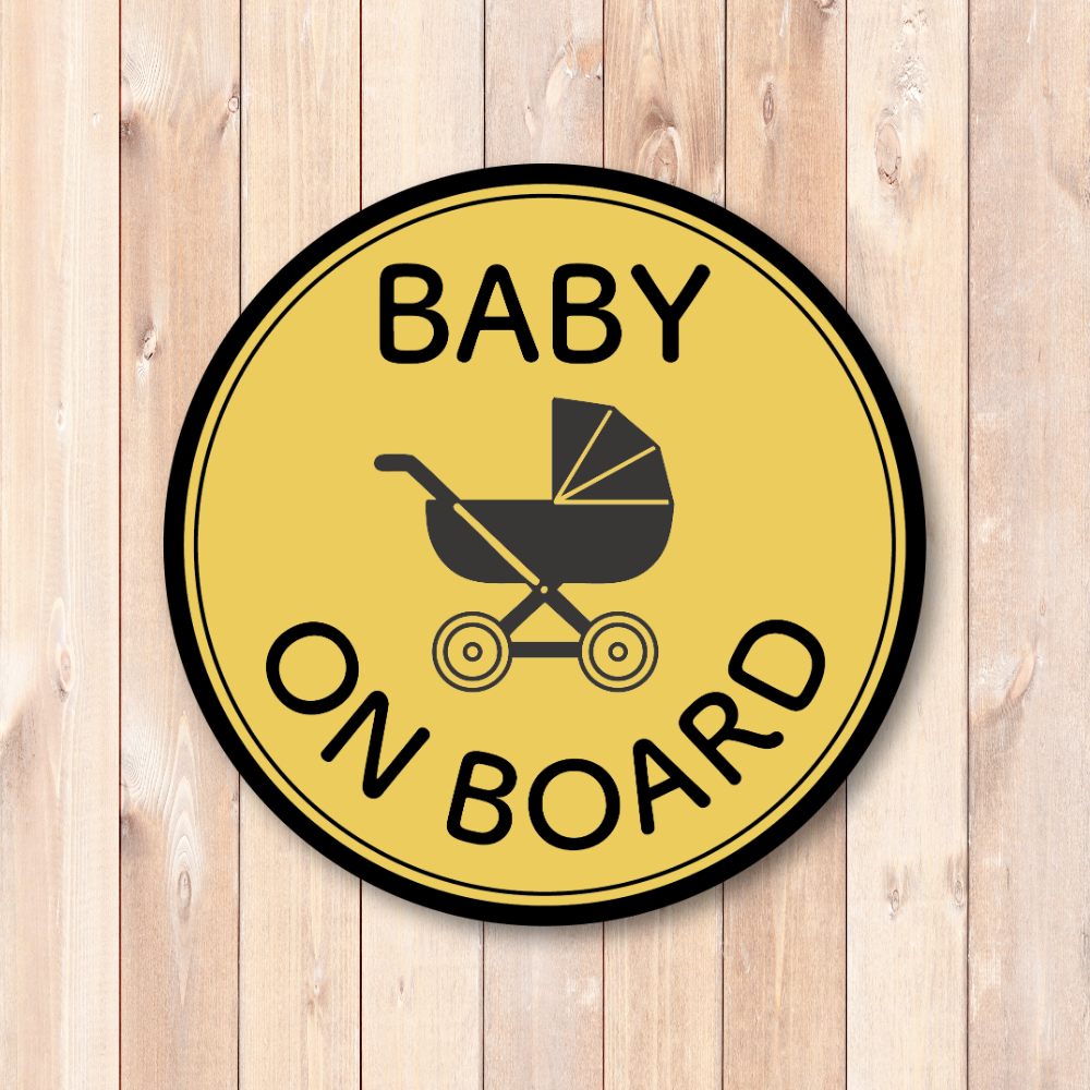 BABY ON BOARD 丸型ステッカー ベビーカーアイコン デザイン|車用安全サイン|防水・耐候シール|127mm イエロー - 画像 (2)