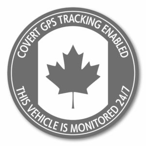 車用セキュリティステッカー 丸形 国旗モノクロ｜GPS TRACKING ENABLED／THIS VEHICLE IS MONITORED 24/7｜防犯・防水・耐候｜CANADA（カナダ）