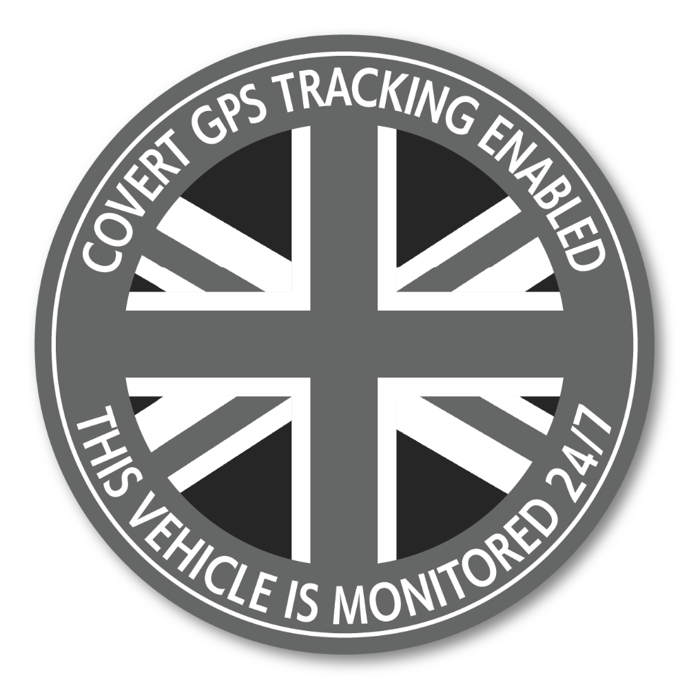 車用セキュリティステッカー 丸形 国旗モノクロ|GPS TRACKING ENABLED/THIS VEHICLE IS MONITORED 24/7|防犯・防水・耐候|UK(イギリス)