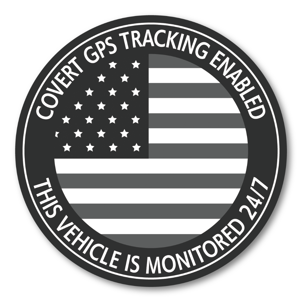 車用セキュリティステッカー 丸形 国旗モノクロ|GPS TRACKING ENABLED/THIS VEHICLE IS MONITORED 24/7|防犯・防水・耐候|USA(アメリカ)
