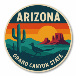 Retro USA State Travel 丸形ステッカー｜レトロ観光ポスター風｜防水・耐UV・屋外耐候｜車／スーツケース／PC｜AZ アリゾナ州