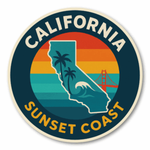 Retro USA State Travel 丸形ステッカー｜レトロ観光ポスター風｜防水・耐UV・屋外耐候｜車／スーツケース／PC｜CA カリフォルニア州