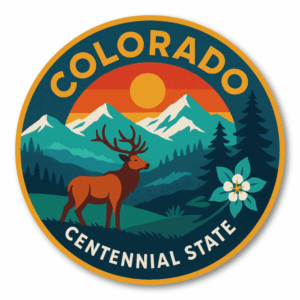 Retro USA State Travel 丸形ステッカー｜レトロ観光ポスター風｜防水・耐UV・屋外耐候｜車／スーツケース／PC｜CO コロラド州