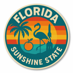 Retro USA State Travel 丸形ステッカー｜レトロ観光ポスター風｜防水・耐UV・屋外耐候｜車／スーツケース／PC｜FL フロリダ州