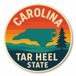 Retro USA State Travel 丸形ステッカー｜レトロ観光ポスター風｜防水・耐UV・屋外耐候｜車／スーツケース／PC｜NC ノースカロライナ州