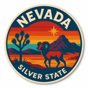 Retro USA State Travel 丸形ステッカー｜レトロ観光ポスター風｜防水・耐UV・屋外耐候｜車／スーツケース／PC｜NV ネバダ州