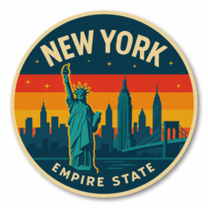 Retro USA State Travel 丸形ステッカー｜レトロ観光ポスター風｜防水・耐UV・屋外耐候｜車／スーツケース／PC｜NY ニューヨーク州