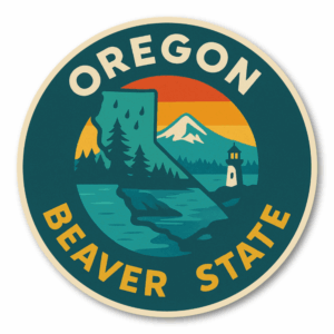 Retro USA State Travel 丸形ステッカー｜レトロ観光ポスター風｜防水・耐UV・屋外耐候｜車／スーツケース／PC｜OR オレゴン州