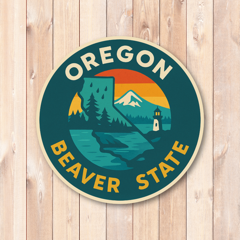 Retro USA State Travel 丸形ステッカー|レトロ観光ポスター風|防水・耐UV・屋外耐候|車/スーツケース/PC|OR オレゴン州 - 画像 (2)