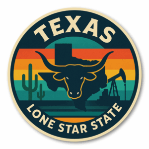 Retro USA State Travel 丸形ステッカー｜レトロ観光ポスター風｜防水・耐UV・屋外耐候｜車／スーツケース／PC｜TX テキサス州