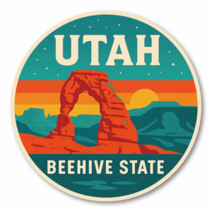 Retro USA State Travel 丸形ステッカー｜レトロ観光ポスター風｜防水・耐UV・屋外耐候｜車／スーツケース／PC｜UT ユタ州