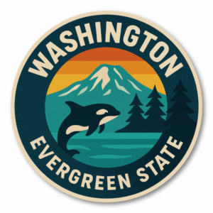 Retro USA State Travel 丸形ステッカー｜レトロ観光ポスター風｜防水・耐UV・屋外耐候｜車／スーツケース／PC｜WA ワシントン州