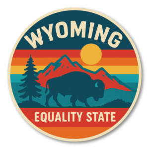 Retro USA State Travel 丸形ステッカー｜レトロ観光ポスター風｜防水・耐UV・屋外耐候｜車／スーツケース／PC｜WY ワイオミング州
