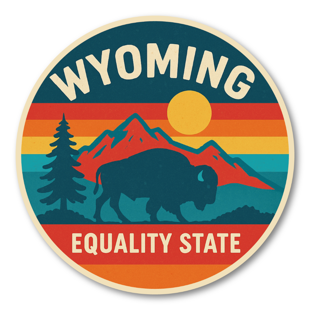 Retro USA State Travel 丸形ステッカー|レトロ観光ポスター風|防水・耐UV・屋外耐候|車/スーツケース/PC|WY ワイオミング州