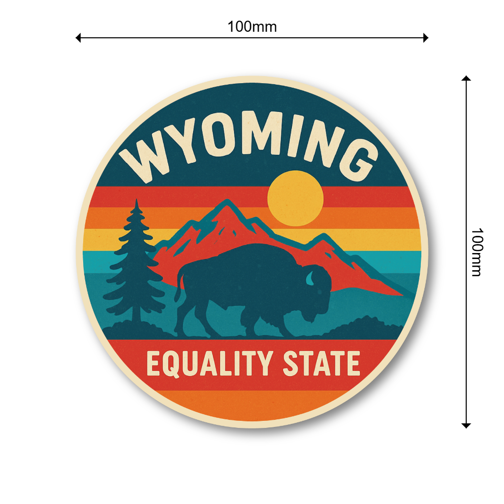 Retro USA State Travel 丸形ステッカー|レトロ観光ポスター風|防水・耐UV・屋外耐候|車/スーツケース/PC|WY ワイオミング州 - 画像 (3)