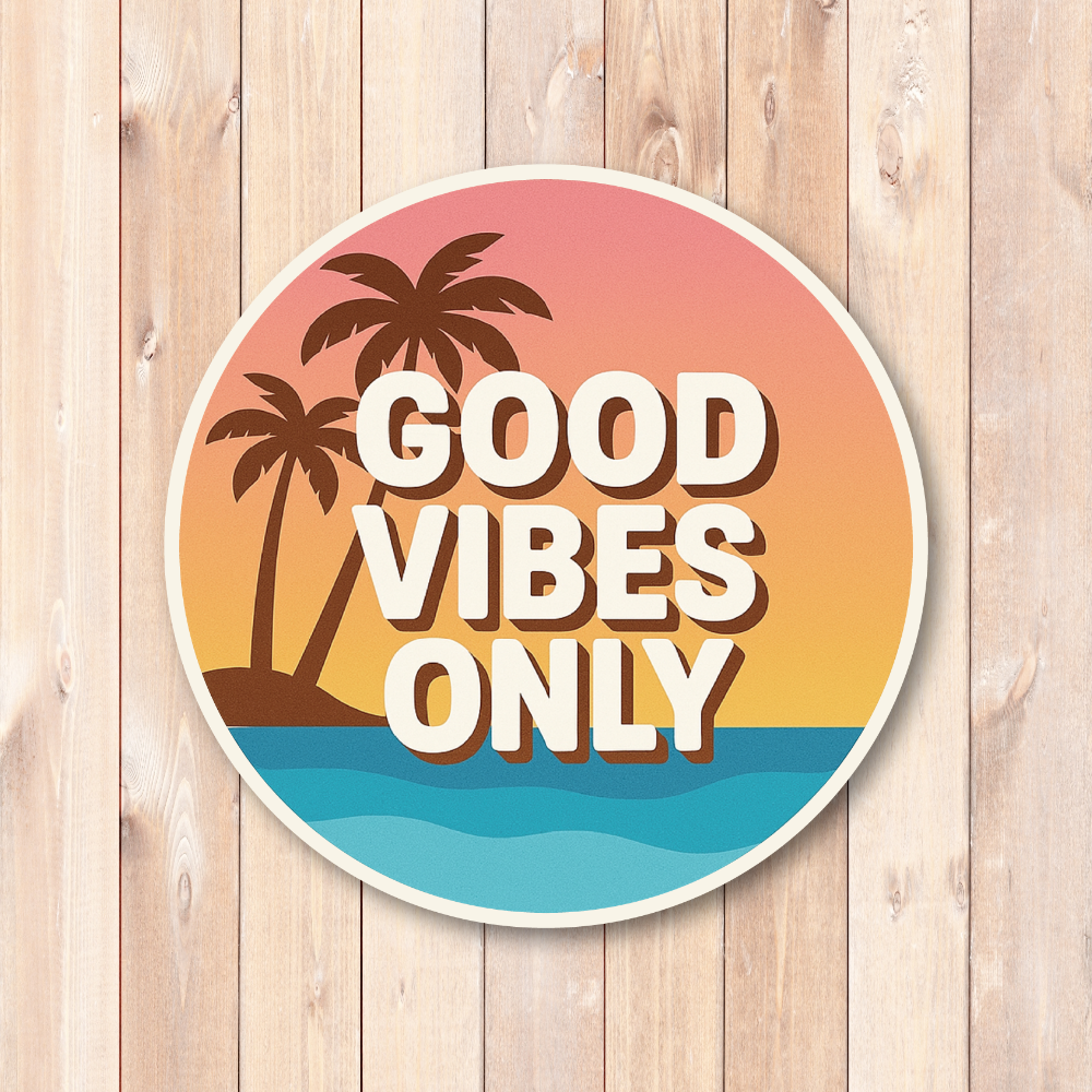 GOOD VIBES ONLY ステッカー 丸形デザイン トロピカル サンセット風 レトロカラー 防水ビニール素材 ポジティブメッセージ ノート・水筒・PC用 デコレーションステッカー 100mm - 画像 (2)