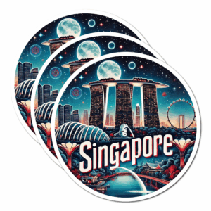 アジアの夜景ステッカー 3枚セット（76.2mm） 香港・ソウル・シンガポール - トラベル・シティ風景デザイン 防水デカール - シンガポール