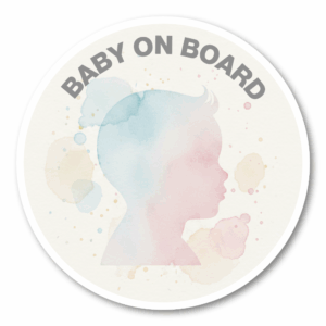 BABY ON BOARD ステッカー 水彩アート風 120mm 丸型 ベビーシルエット くすみカラー 防水・耐候タイプ 車用 子ども安全表示 ペールブルー