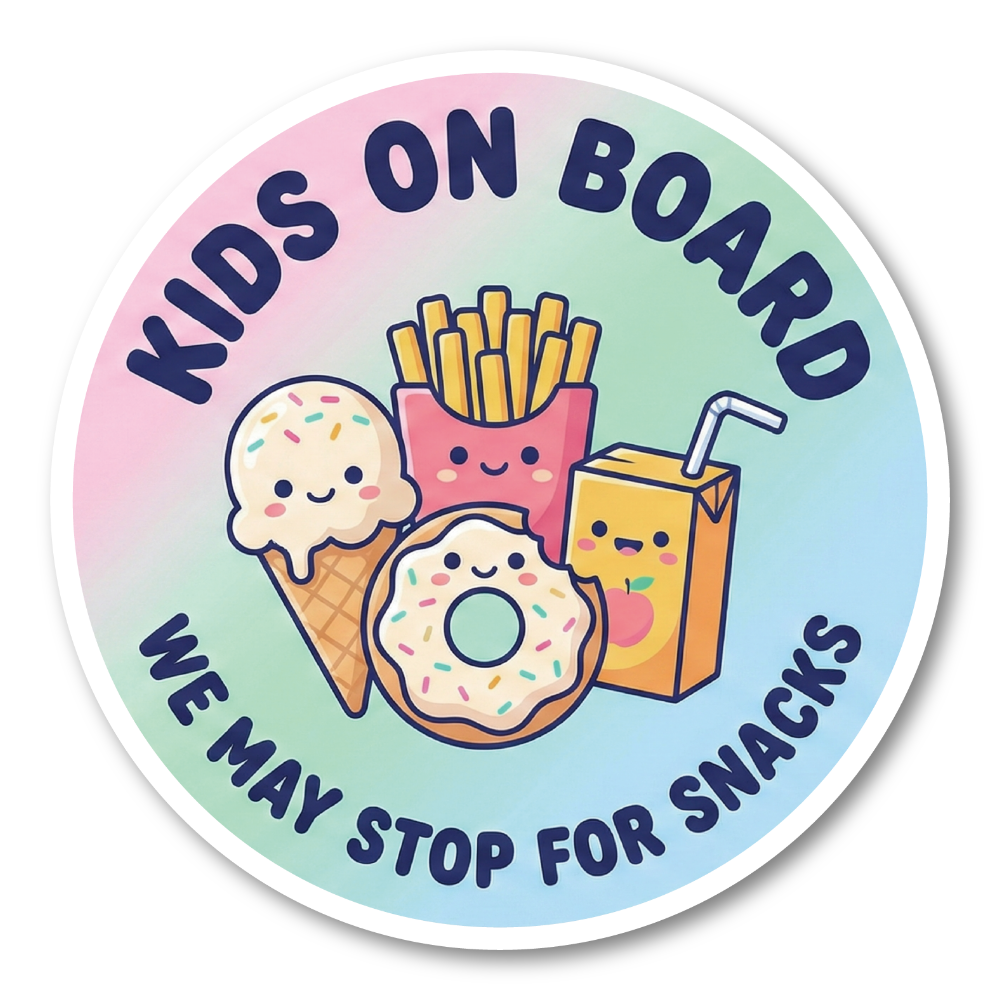 Kids on Board ステッカー 丸型 直径120mm おやつデザイン We may stop for snacks 車用カーステッカー リアガラス バンパー用 パステルスナックフレンズ
