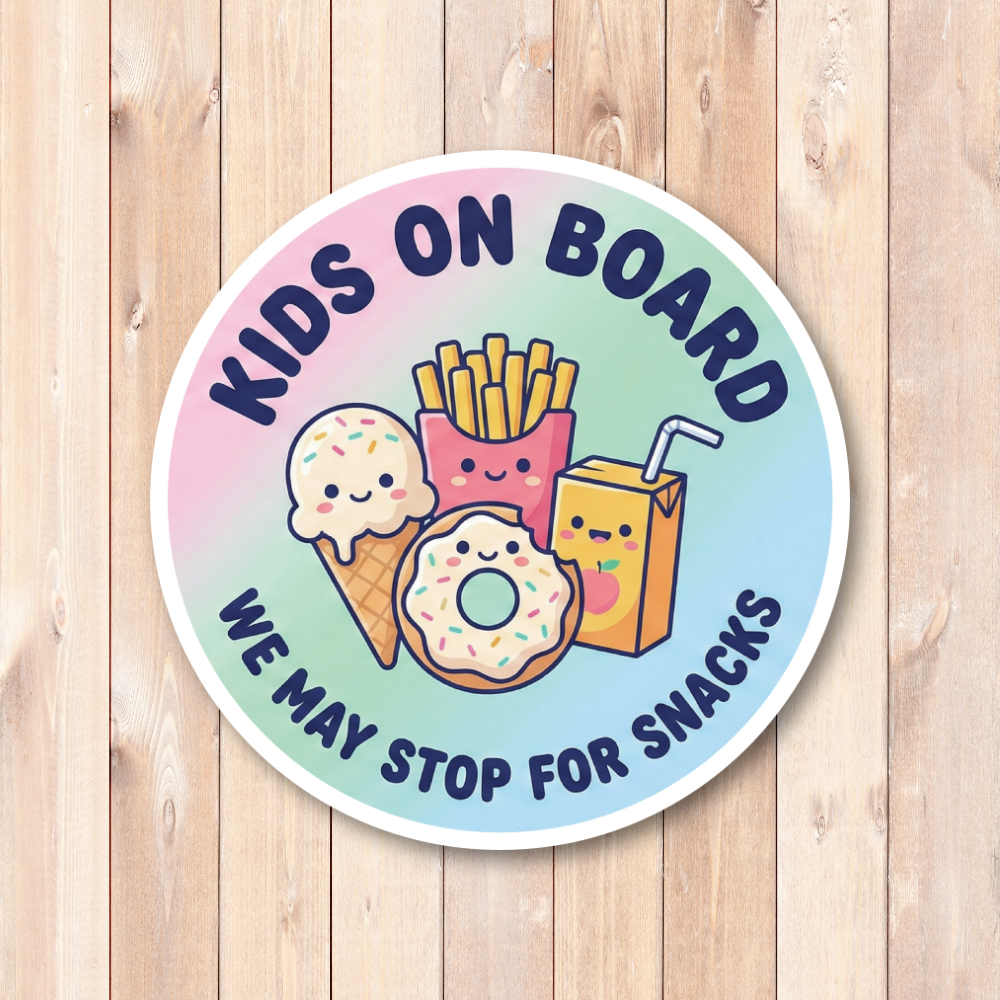 Kids on Board ステッカー 丸型 直径120mm おやつデザイン We may stop for snacks 車用カーステッカー リアガラス バンパー用 パステルスナックフレンズ - 画像 (2)