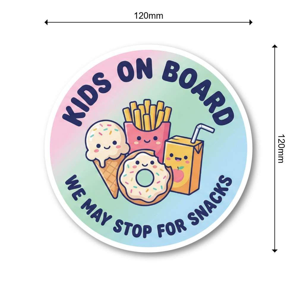 Kids on Board ステッカー 丸型 直径120mm おやつデザイン We may stop for snacks 車用カーステッカー リアガラス バンパー用 パステルスナックフレンズ - 画像 (3)