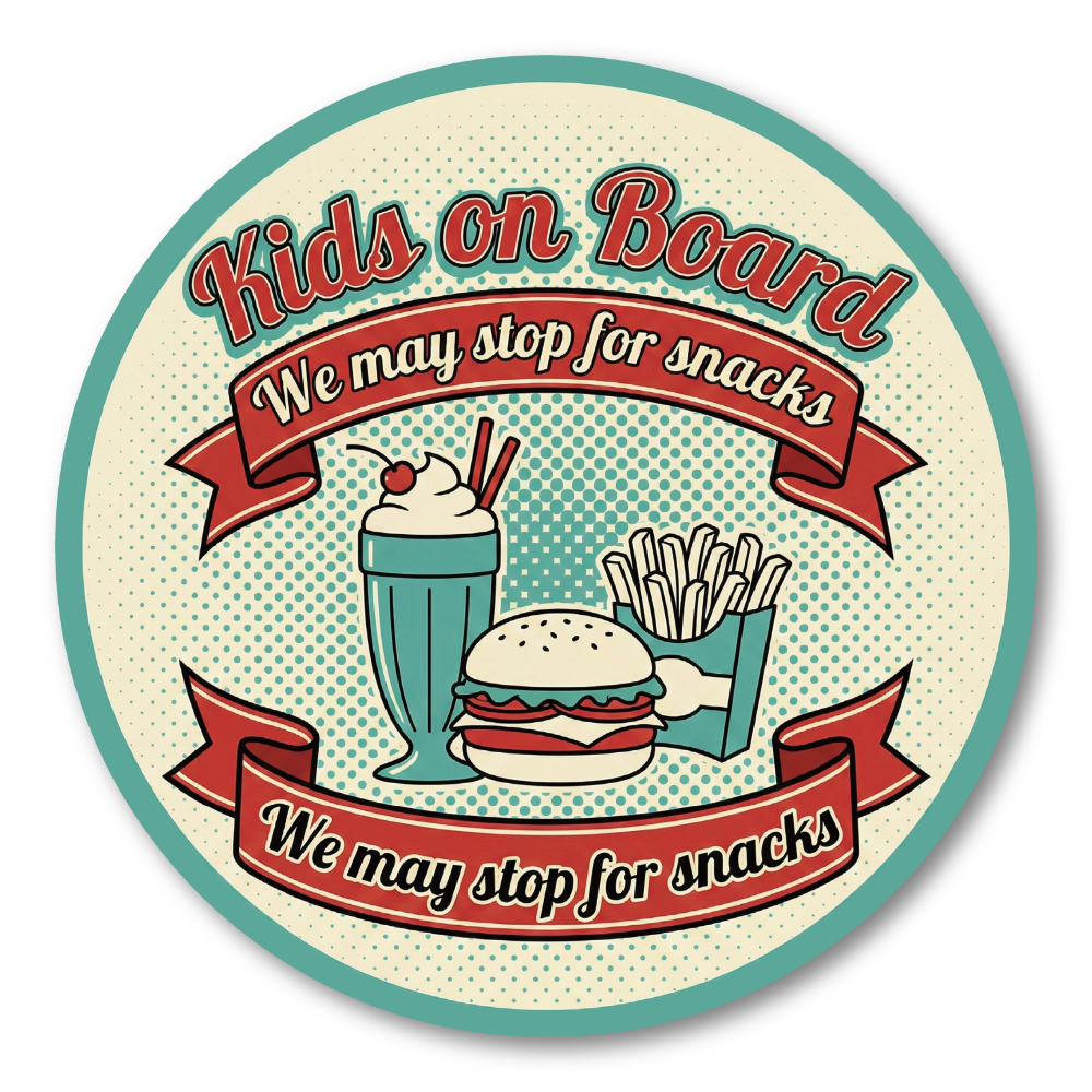 Kids on Board ステッカー 丸型 直径120mm おやつデザイン We may stop for snacks 車用カーステッカー リアガラス バンパー用 レトロダイナースナック