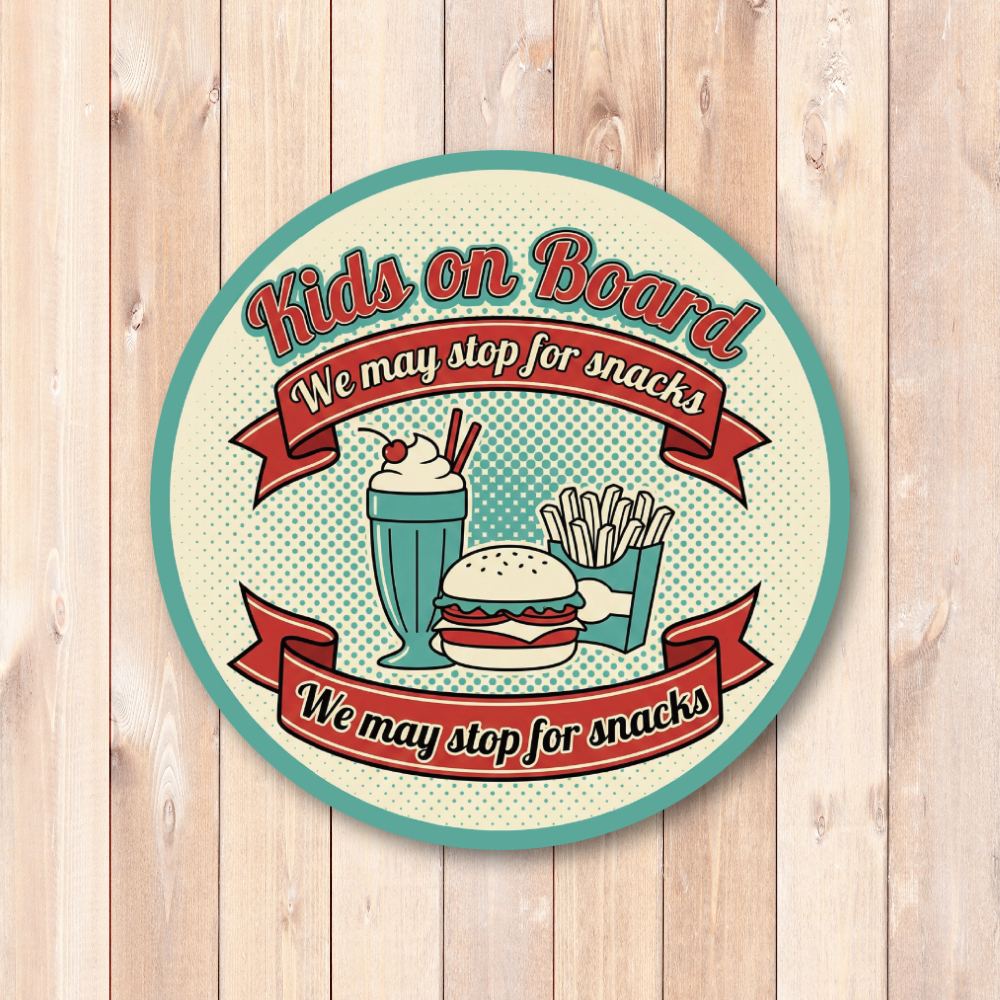 Kids on Board ステッカー 丸型 直径120mm おやつデザイン We may stop for snacks 車用カーステッカー リアガラス バンパー用 レトロダイナースナック - 画像 (2)