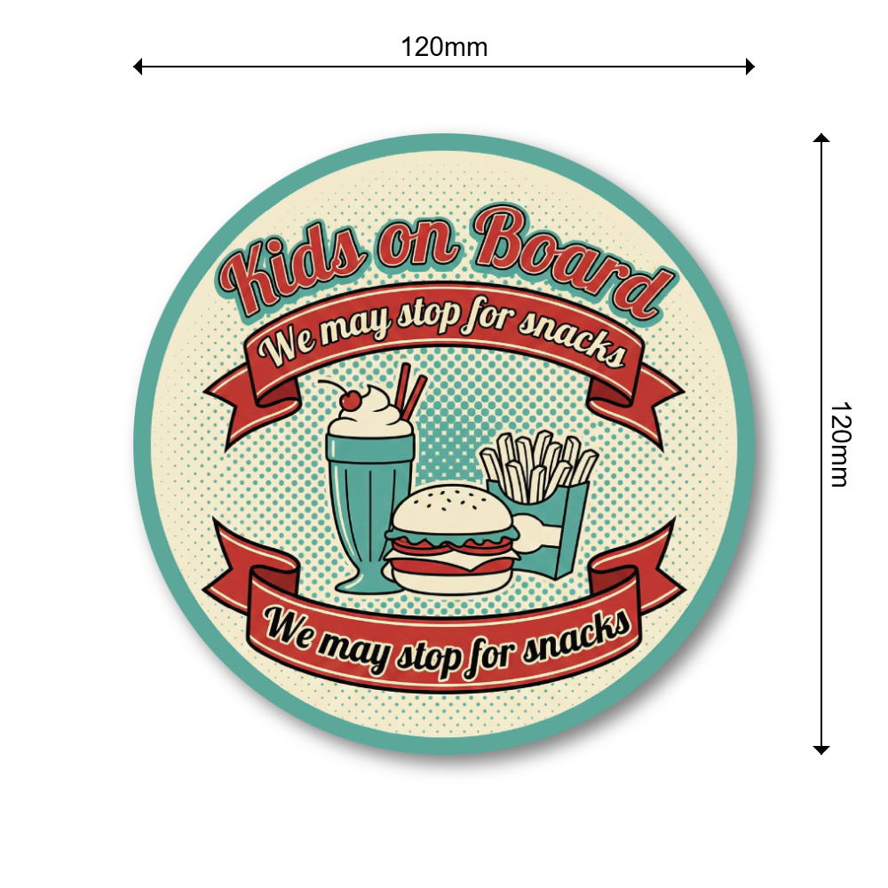 Kids on Board ステッカー 丸型 直径120mm おやつデザイン We may stop for snacks 車用カーステッカー リアガラス バンパー用 レトロダイナースナック - 画像 (3)