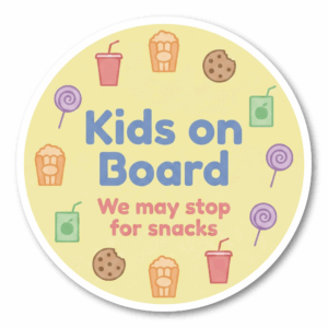 Kids on Board ステッカー 丸型 直径120mm おやつデザイン We may stop for snacks 車用カーステッカー リアガラス バンパー用 ミニマルスナックアイコン