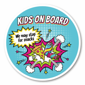 Kids on Board ステッカー 丸型 直径120mm おやつデザイン We may stop for snacks 車用カーステッカー リアガラス バンパー用 コミックポップスナック