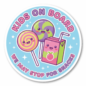 Kids on Board ステッカー 丸型 直径120mm おやつデザイン We may stop for snacks 車用カーステッカー リアガラス バンパー用 キャンディ＆ジュースキッズ