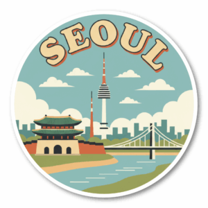 韓国 トラベルステッカー 丸形 100mm｜ソウル・釜山・済州島・韓国フード・夜景・韓服デザイン｜スーツケース用 旅行 お土産 防水仕様 ソウル