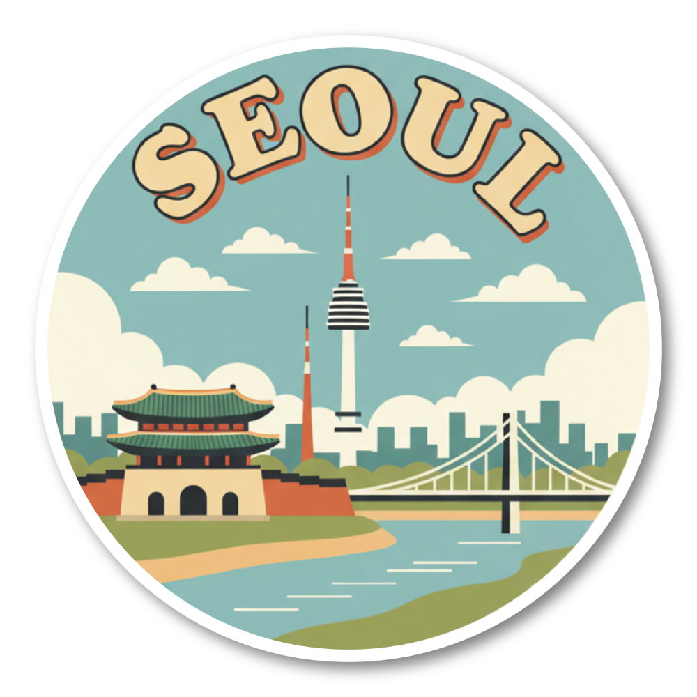 韓国 トラベルステッカー 丸形 100mm|ソウル・釜山・済州島・韓国フード・夜景・韓服デザイン|スーツケース用 旅行 お土産 防水仕様 ソウル