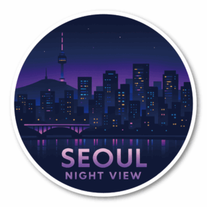 韓国 トラベルステッカー 丸形 100mm｜ソウル・釜山・済州島・韓国フード・夜景・韓服デザイン｜スーツケース用 旅行 お土産 防水仕様 ソウル夜景