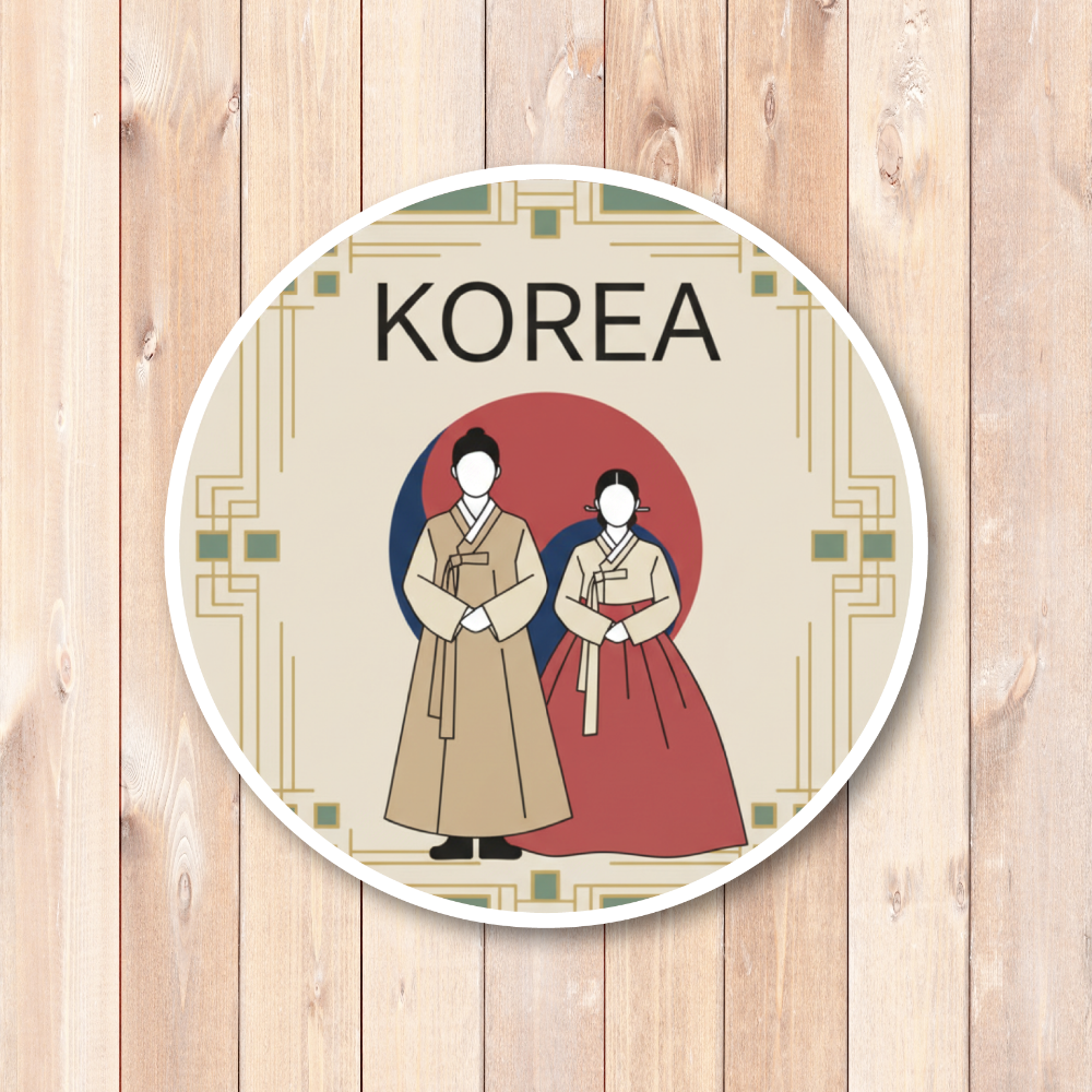 韓国 トラベルステッカー 丸形 100mm|ソウル・釜山・済州島・韓国フード・夜景・韓服デザイン|スーツケース用 旅行 お土産 防水仕様 韓服と太極旗 - 画像 (2)