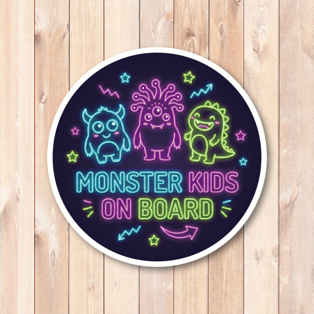 Monster Kids ステッカー 丸型 直径120mm モンスター キャラクター かわいい キッズ用 カーステッカー タブレット スーツケース デコレーション ネオンモンスターKIDS(ナイト) - 画像 (2)