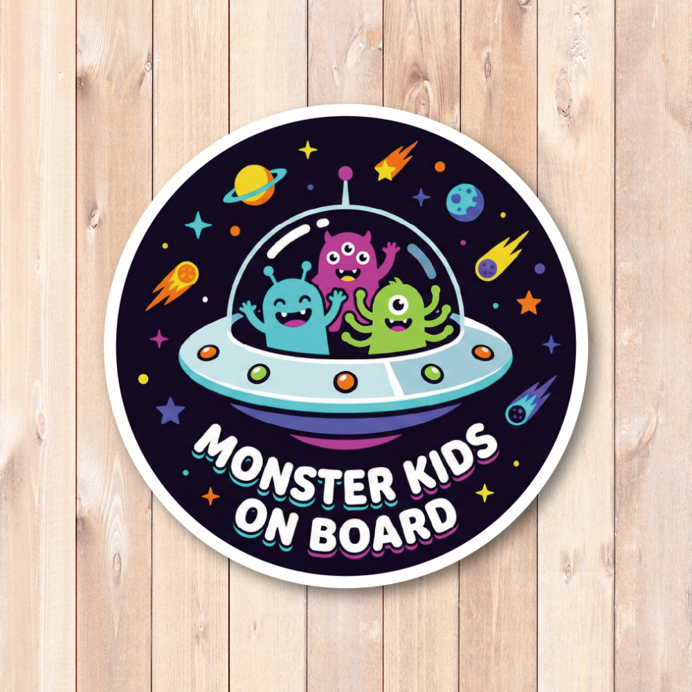Monster Kids ステッカー 丸型 直径120mm モンスター キャラクター かわいい キッズ用 カーステッカー タブレット スーツケース デコレーション スペースモンスターKIDS(UFO) - 画像 (2)