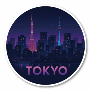 世界の夜景ステッカー コレクション 丸型 100mm｜東京・ニューヨーク・パリ・ロンドン・バンコク・シンガポール・ソウル｜スーツケース・ノートPC・タブレット用 デコレーションステッカー Tokyo