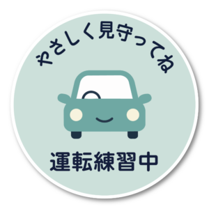 運転練習中 ステッカー 円形 車イラスト やさしく見守ってね 初心者サイン カーサイン リアガラス・ボディ対応 ペールミント