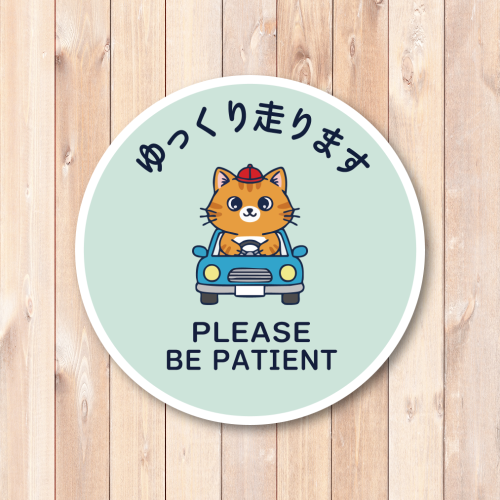 ゆっくり走ります ステッカー 丸型120mm ねこドライバー かわいい安全運転サイン PLEASE BE PATIENT 運転練習中・初心者向け 車リアガラス/ボディ用 ミントグリーン - 画像 (2)