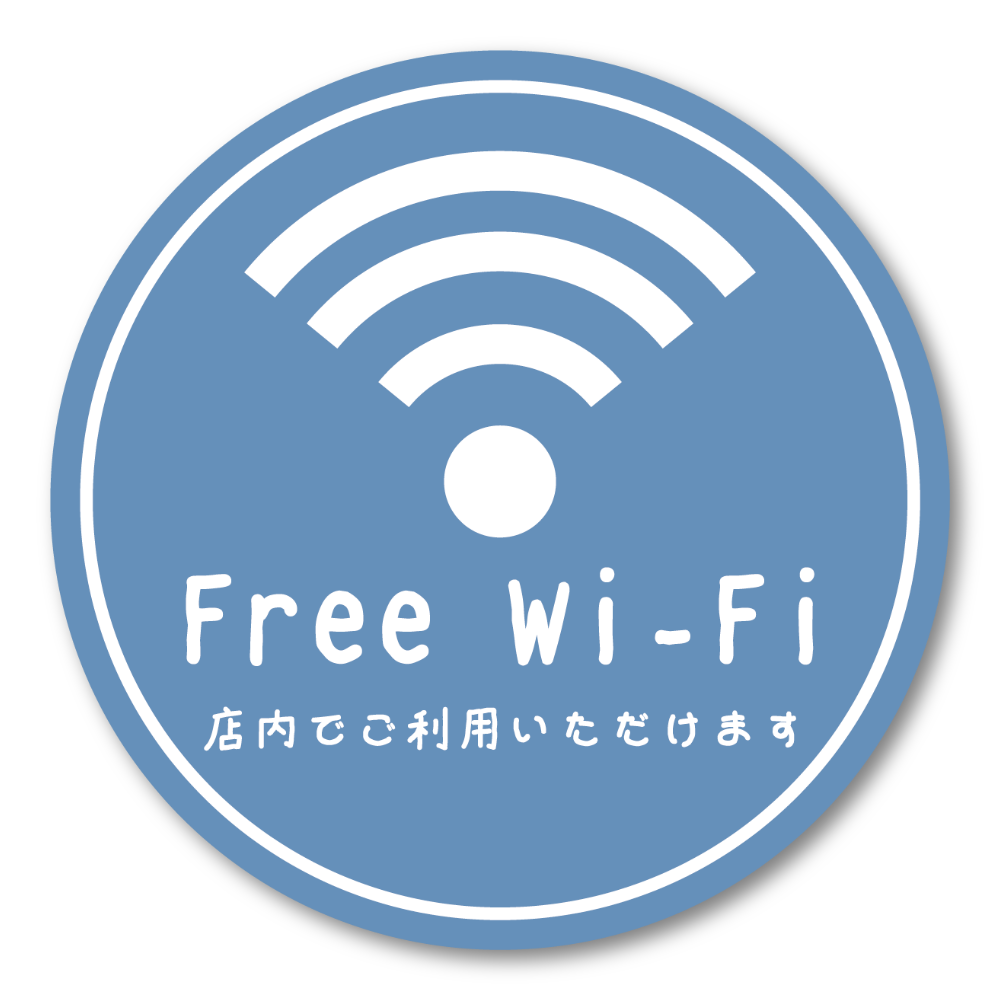 Free Wi-Fi ステッカー 丸形100mm 店内でご利用いただけます 手書き風デザイン 無料Wi-Fi案内シール カフェ・飲食店・サロン・民泊向け ライトブルー