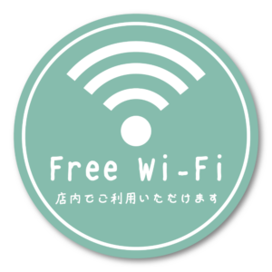 Free Wi-Fi ステッカー 丸形100mm 店内でご利用いただけます 手書き風デザイン 無料Wi-Fi案内シール カフェ・飲食店・サロン・民泊向け ミントグリーン