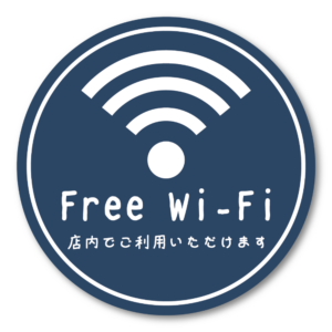 Free Wi-Fi ステッカー 丸形100mm 店内でご利用いただけます 手書き風デザイン 無料Wi-Fi案内シール カフェ・飲食店・サロン・民泊向け ネイビーブルー